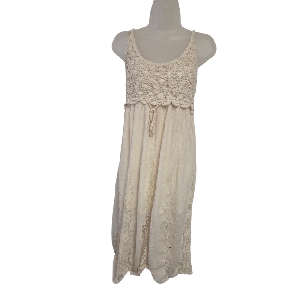 Boho Crochet Lace Inset Midi Dress Cream Smocked Back Cottagecore Festival